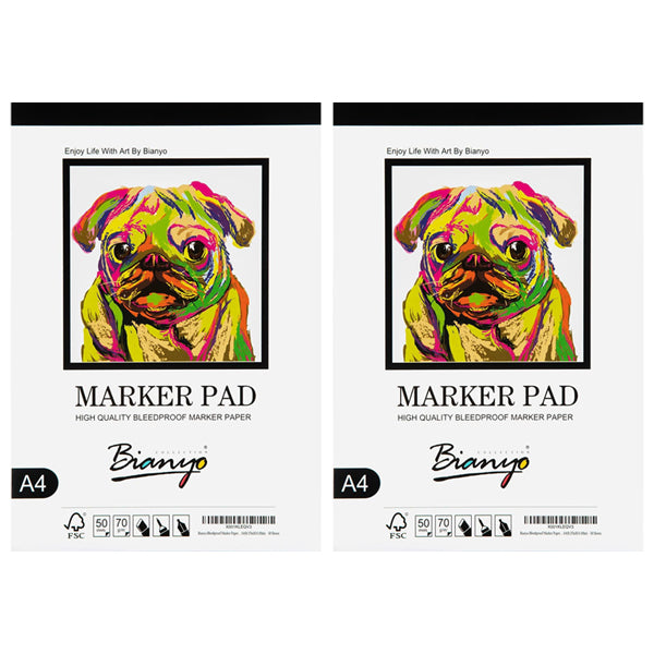 Two Bianyo A4 Bleedproof Marker Paper Pads (2 Pack, 50 sheets each, 18 LB/70 GSM) feature high-quality paper ideal for alcohol markers—perfect for smooth, vibrant artwork.